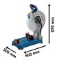 Bosch Professional GCD 18V-355 Metalltrennsäge mit Maßen. Zug-, Kapp- und Gehrungssäge für präzise Metallschnitte.