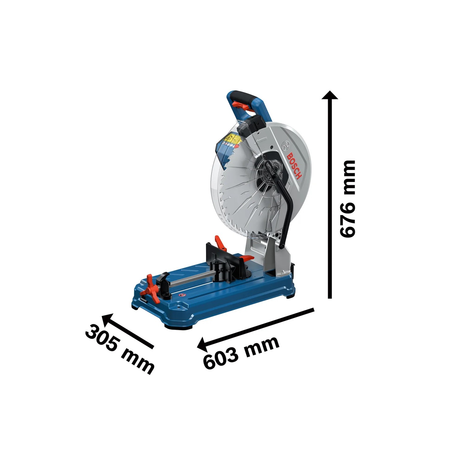 Bosch Professional GCD 18V-355 Metalltrennsäge mit Maßen. Zug-, Kapp- und Gehrungssäge für präzise Metallschnitte.