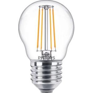 Philips LED-Leuchtmittel E27 Tropfenform, 4,3W, 470lm, 8x4,5cm. Klares Glas, warmweißes Licht.