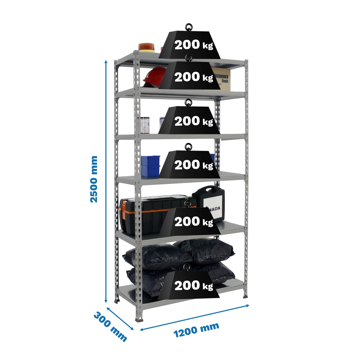 Graues PROREGAL Schwerlastregal Giant Metal Shark, 250x120x30cm, mit sechs Fachböden und Gewichten.