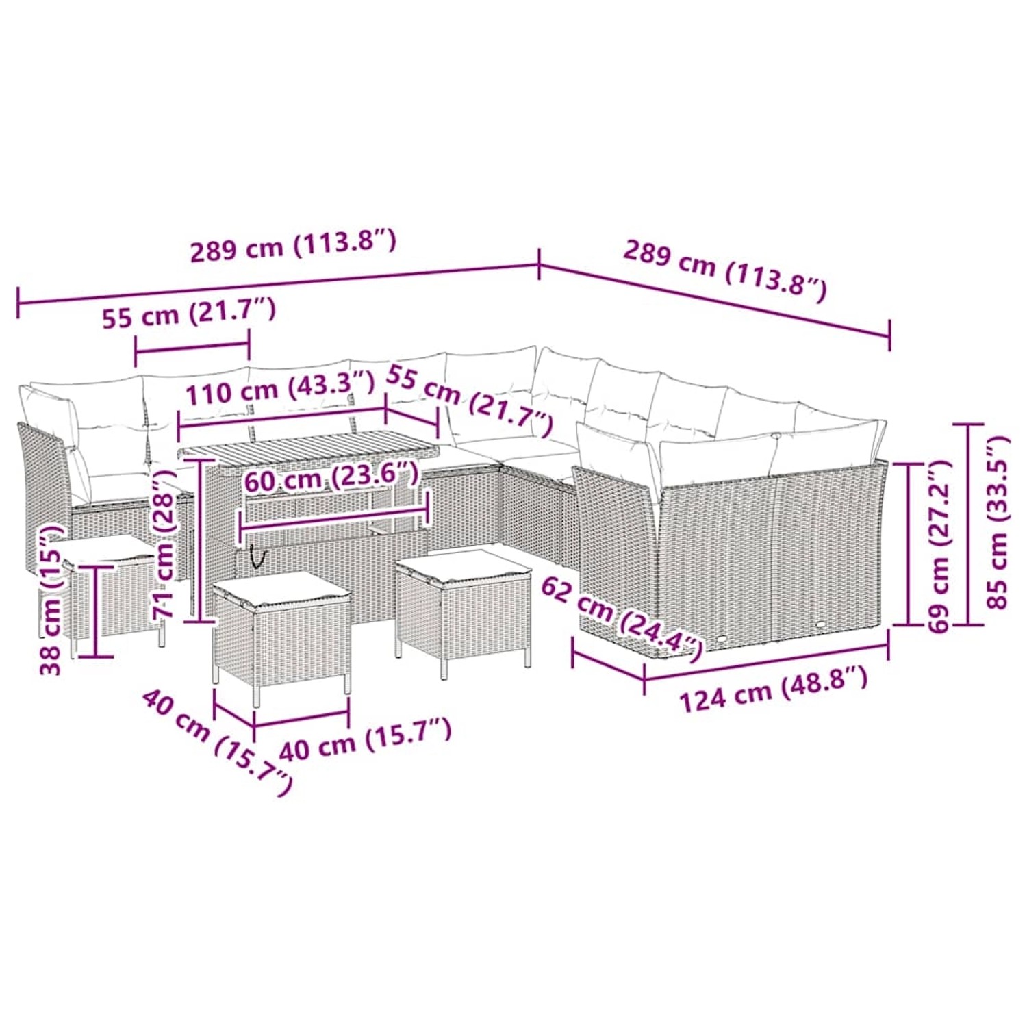 vidaXL Garten-Sofa-Set, 14-teilig, beige Poly Rattan, mit Maßangaben für Gartenmöbel.