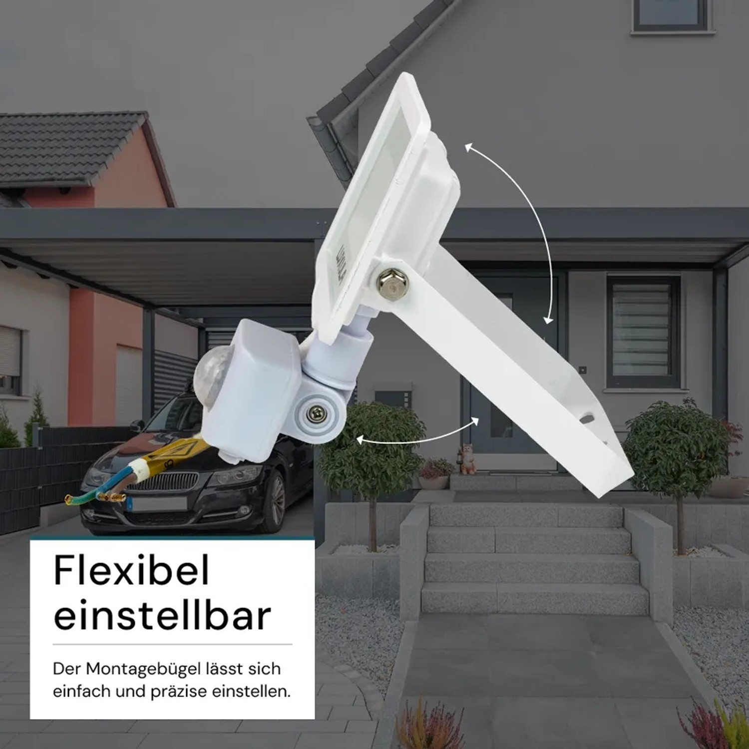 Flexibel einstellbarer, weißer LUXULA LED Strahler mit Bewegungsmelder für den Außenbereich.