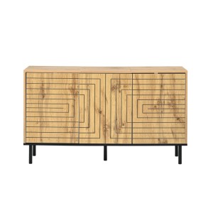 Modernes Sideboard Holzoptik, 3 Türen mit schwarzem Wellenmuster, grifflos. Vielseitiger Wohnzimmerschrank.