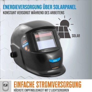 Güde Automatik Schweißhelm GSH-TC-2: Schwarzer Kopfschutz mit Solarpanel für konstante Energieversorgung.