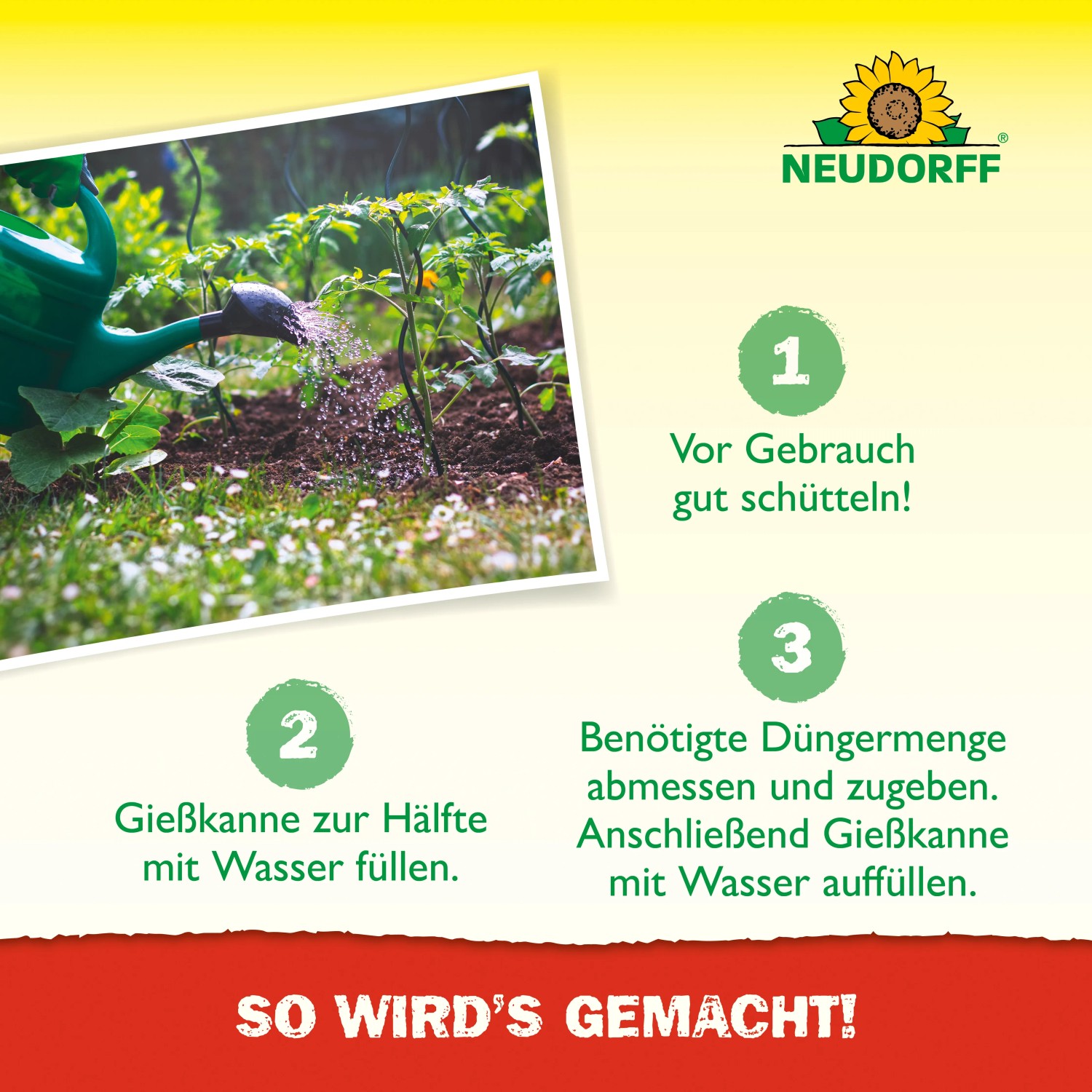 Anwendung des Neudorff Azet Plus Tomaten- und Gemüse-Düngers in 3 Schritten.
