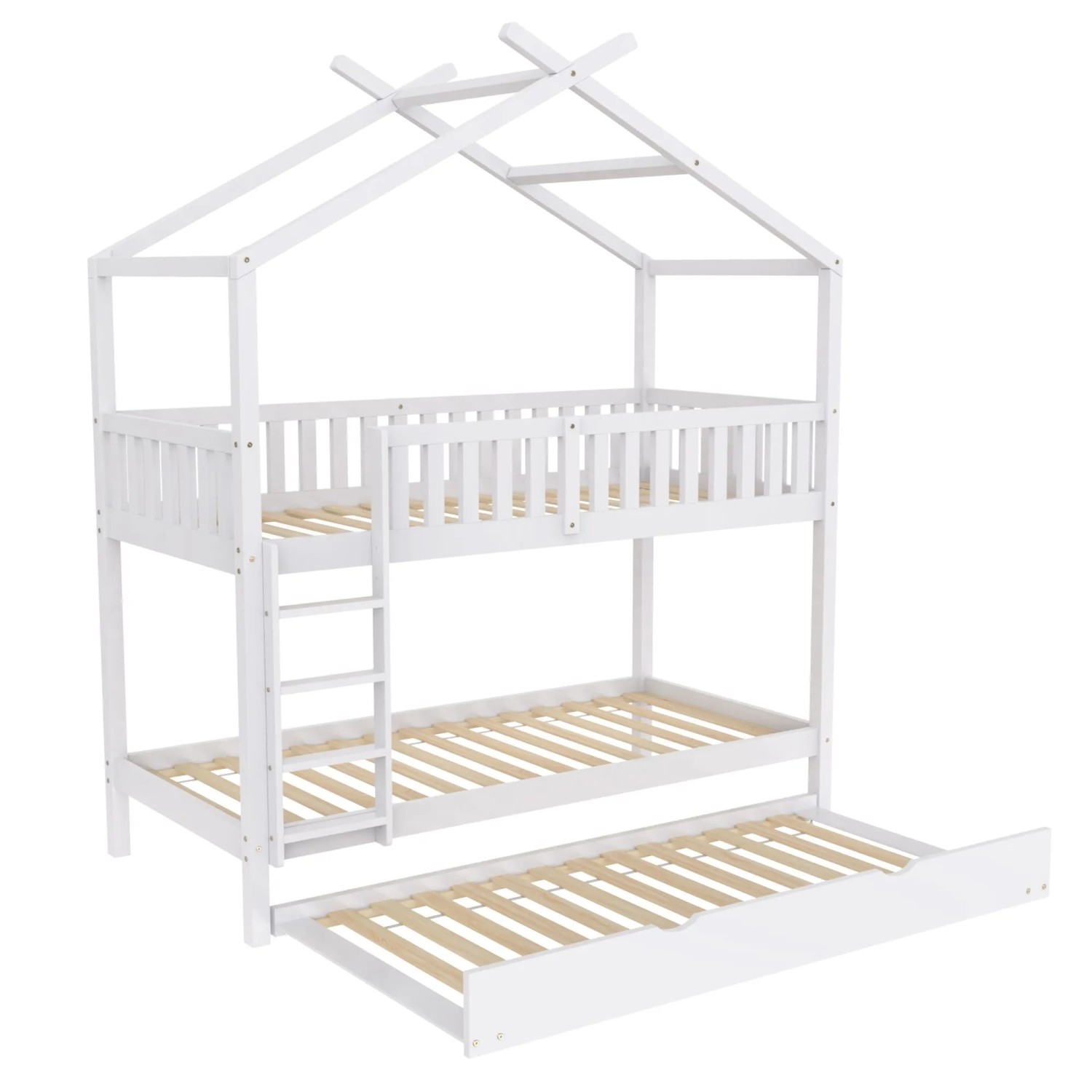 Merax Hausbett 90x200 Kinderbett Jugendbett Ausziehbett Drei Schlafplätze Weiß