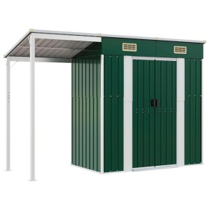 Grünes vidaXL Gartenhaus mit Schleppdach aus Stahl, ideal zur Aufbewahrung von Gartengeräten.