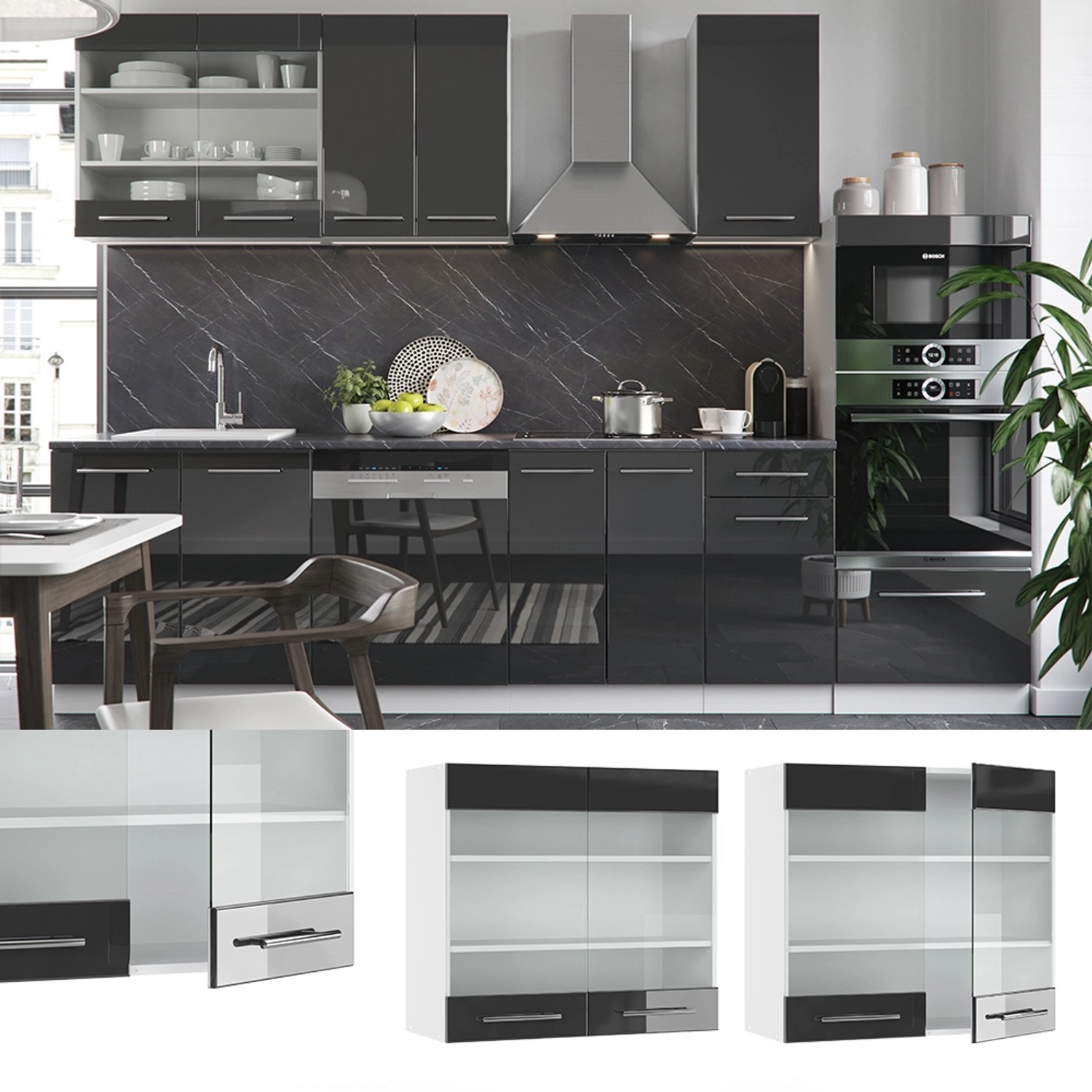 Vicco Küchenglasschrank Fame-Line, anthrazit/weiß, 80 cm. Hängevitrine für die Küche.