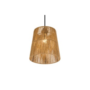 Pendelleuchte Holm mit konischem Schirm aus braunem Papier in Rattan-Optik, E27 Fassung.
