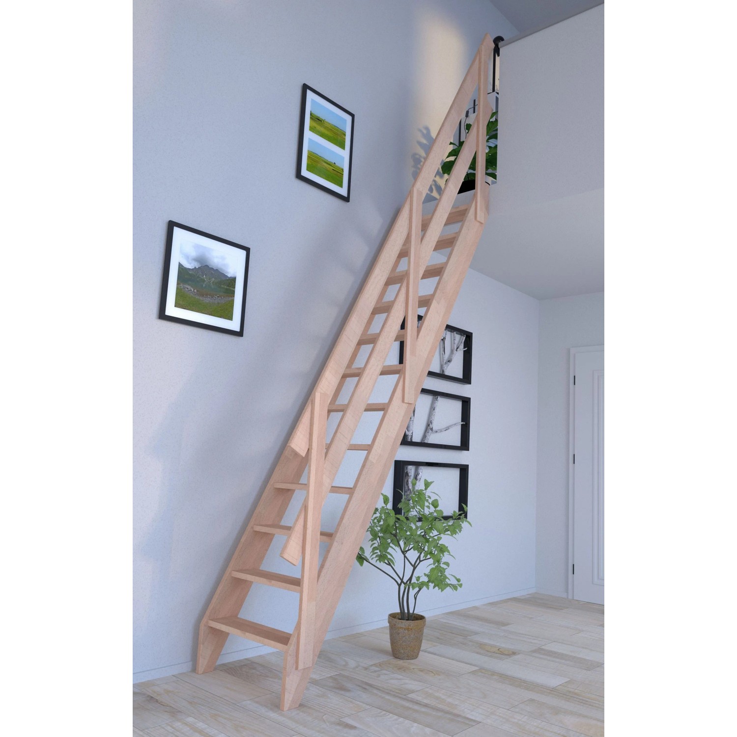 StarWood Holztreppe Buche mit Holzgeländer und 2 Querleisten, unbehandelt und für Innenräume.