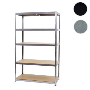Silbernes MCW Schwerlastregal E33, verzinkt, mit 5 hellbraunen MDF-Böden. Ideal für Lager, Keller, Garage. 175 kg Traglast.
