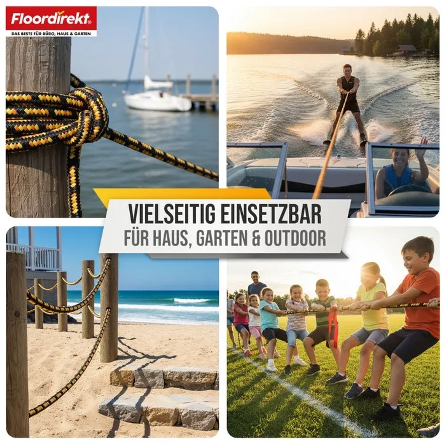 Collage: Polypropylen Seil in Anwendung (Knoten, Wasserski, Strand, Tauziehen).