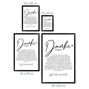 Gerahmtes Poster "Danke Papa" (13x18 cm) als Geschenkidee, mit schwarzem Rahmen. Verschiedene Größen im Bild.