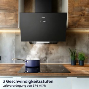 Schwarze CIARRA Kopffrei-Dunstabzugshaube 60 cm, A+++, 650 m³/h, mit 3 Stufen und LED-Beleuchtung, saugt Kochdampf ab.