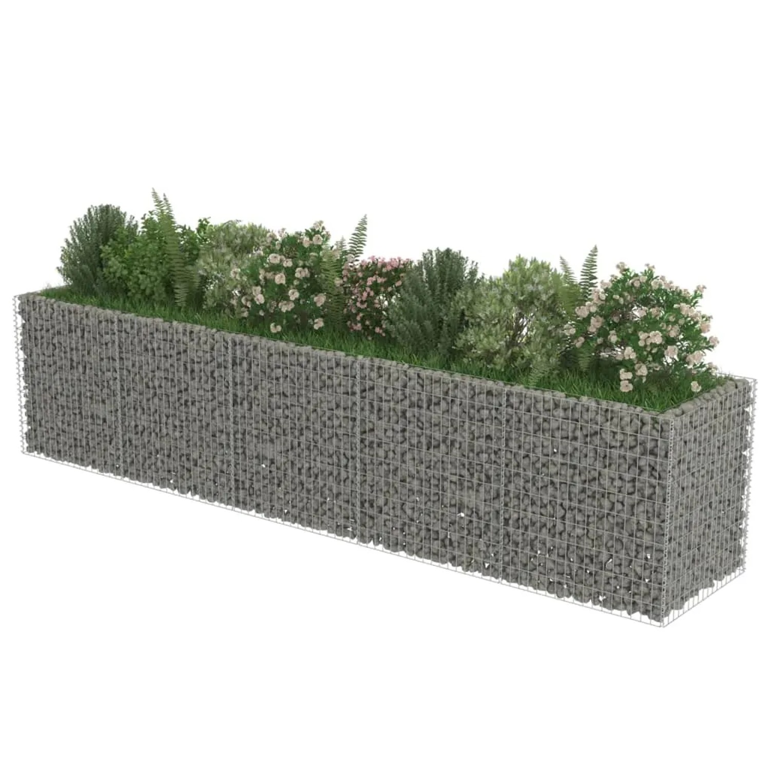 furnicato Gabionen-Hochbeet aus verzinktem Stahl, gefüllt mit Steinen und bepflanzt.