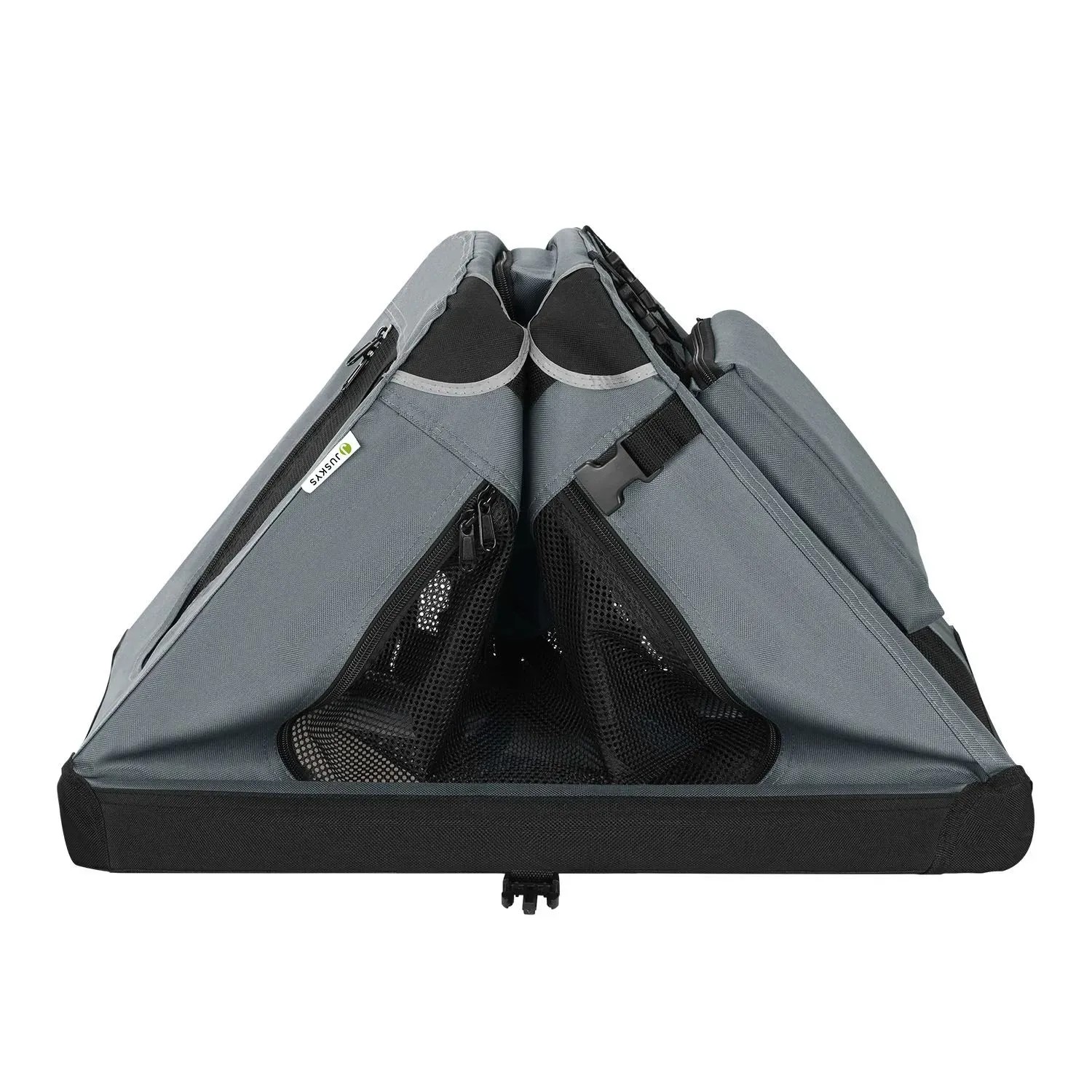 Faltbare, dunkelgraue Juskys Hundetransportbox Lassie L aus Stoff mit Netzfenstern.