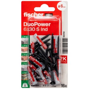 Fischer DuoPower Universaldübel 6x30 mm, 16 Stück, mit Schrauben, für sichere Befestigungen in verschiedenen Baustoffen.