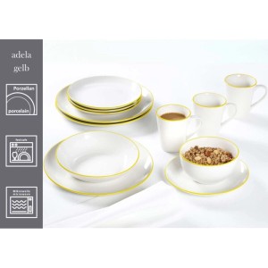 Ritzenhoff & Breker Adela Tafelservice 12-teilig aus weißem Porzellan mit gelbem Rand. Spülmaschinen- & mikrowellengeeignet.