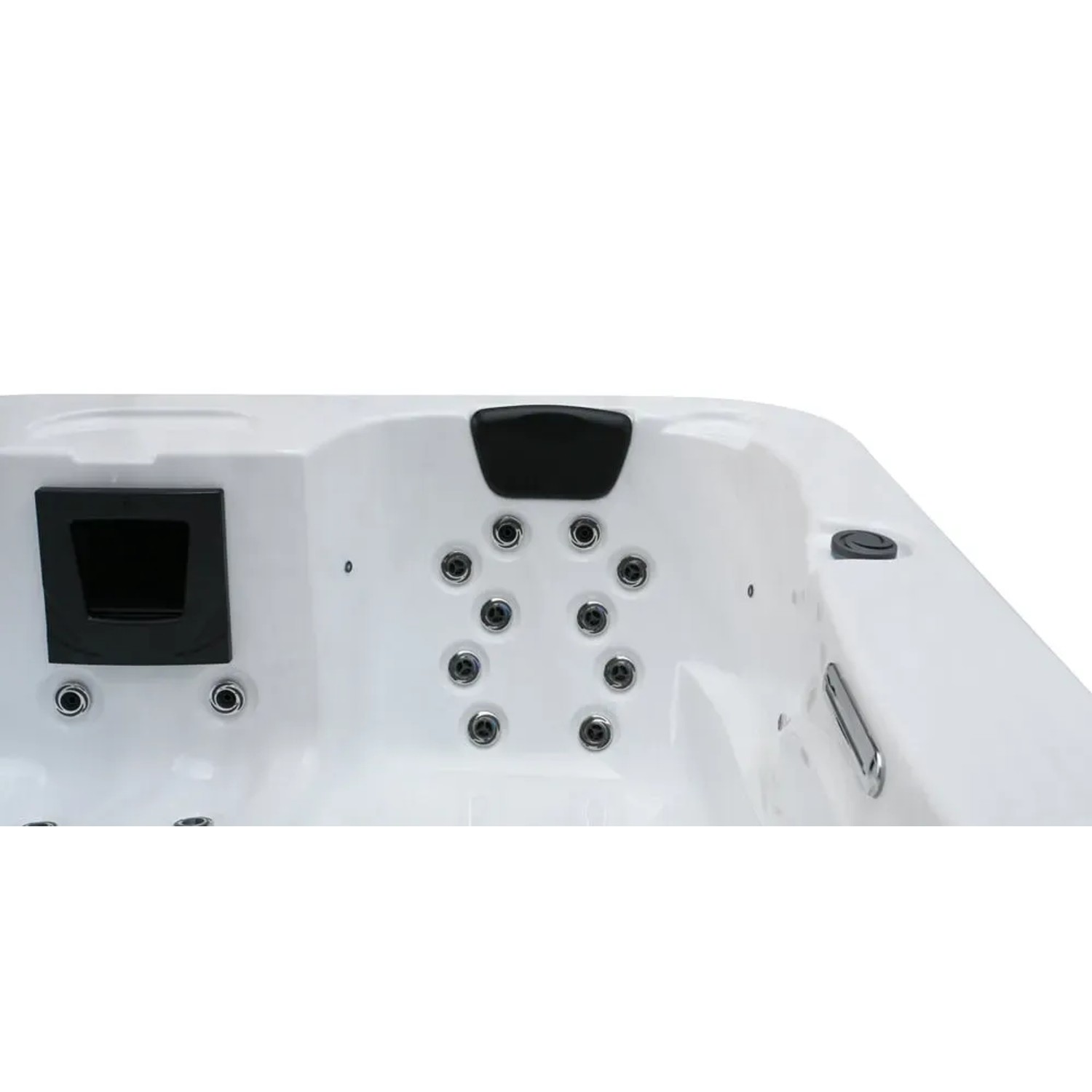 Detailansicht des Home Deluxe Outdoor Whirlpools White Marble Plus mit Düsen und Kopfstütze.