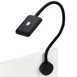 Schwarze LED Bettleuchte FIORE mit flexiblem Arm, USB-Anschlüssen und Touchsensor.