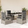 Graue 5-tlg. Garten-Essgruppe aus Polyrattan mit Tisch und verstellbaren Stühlen mit Kissen.