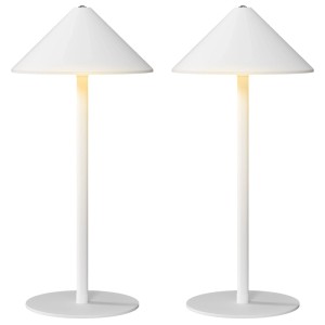 Zwei weiße HOMCOM LED Tischleuchten mit konischem Schirm und warmem Licht. Aufladbare Nachttischlampen im 2er Set.