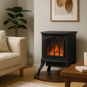 Schwarzer Sannover Ideria Elektrokamin 1800 W mit realistischen Flammen im Wohnzimmer. Kompakter Elektroofen.