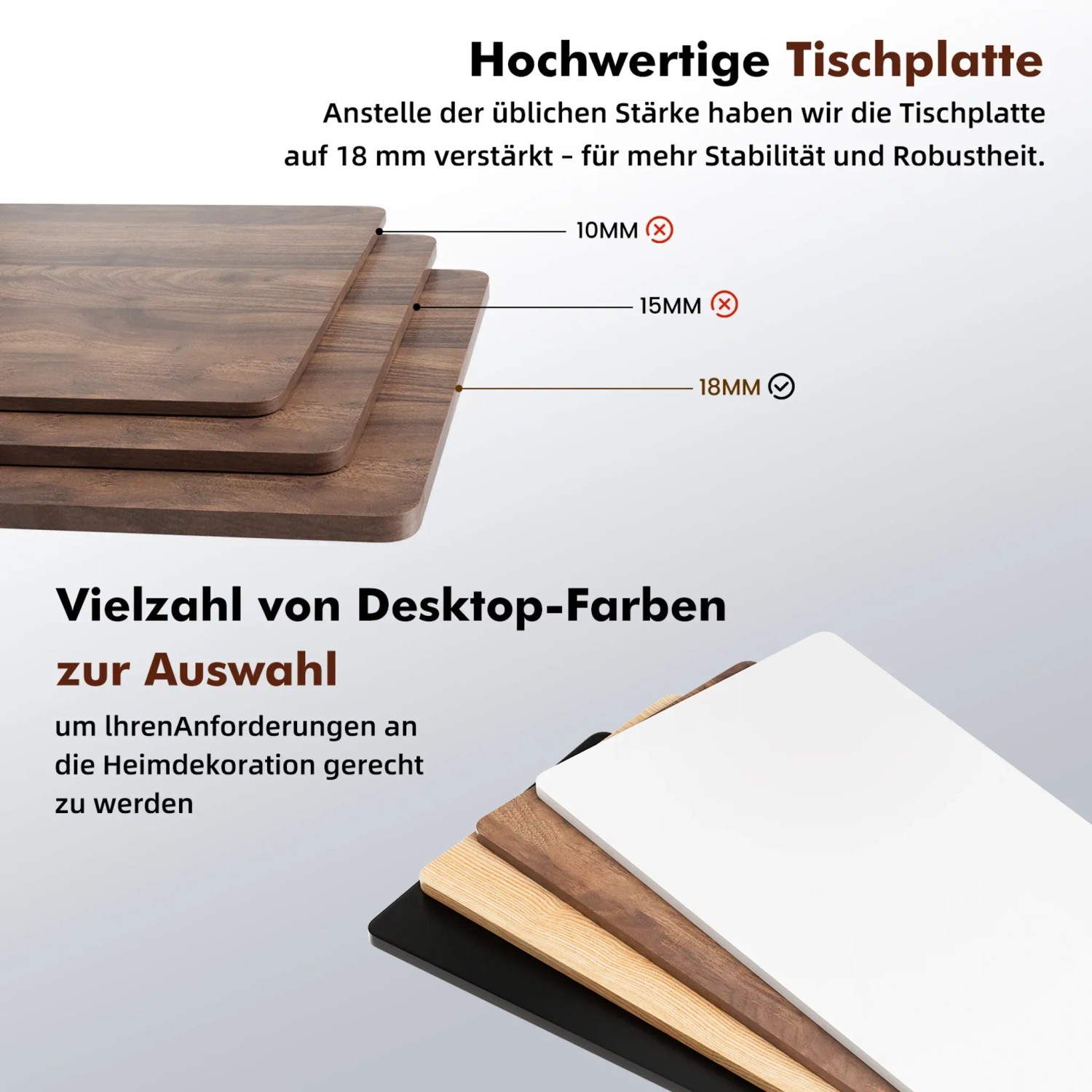 HOMAVO Schreibtisch: Tischplatten in verschiedenen Farben und Stärken zur Auswahl.