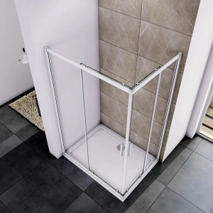 Eckdusche mit Schiebetür, 90x70 cm, Klarglas und mattgrauem Rahmen. Duschkabine für Eckeinstieg.