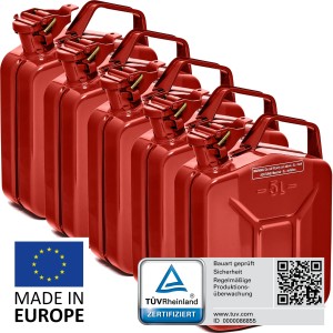 5 rote BW Metall Kraftstoffkanister, je 5 Liter, TÜV-geprüft, für Pannenhilfe.