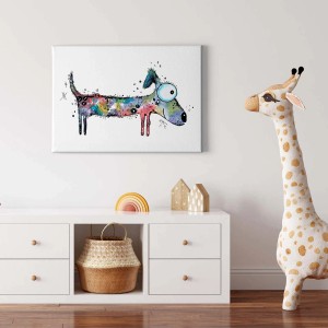 Buntes Wandbild mit Hunde-Motiv auf Leinwand, moderne Kunst für Kinderzimmer und Küche.