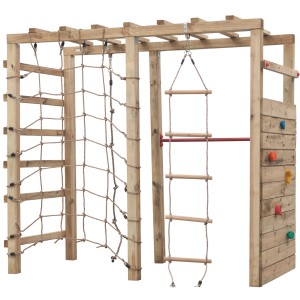 T&J Klettergerüst Alem mit Kletternetz, Reckstange und Kletterwand für Kinder im Garten.