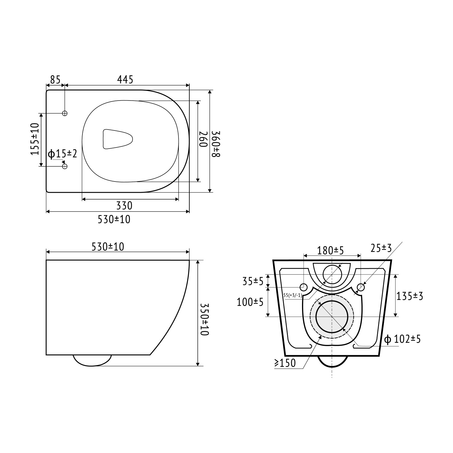 Technische Zeichnung: baliv Wand WC-Set Newcastle, Tiefspüler, spülrandlos, mit Maßangaben.