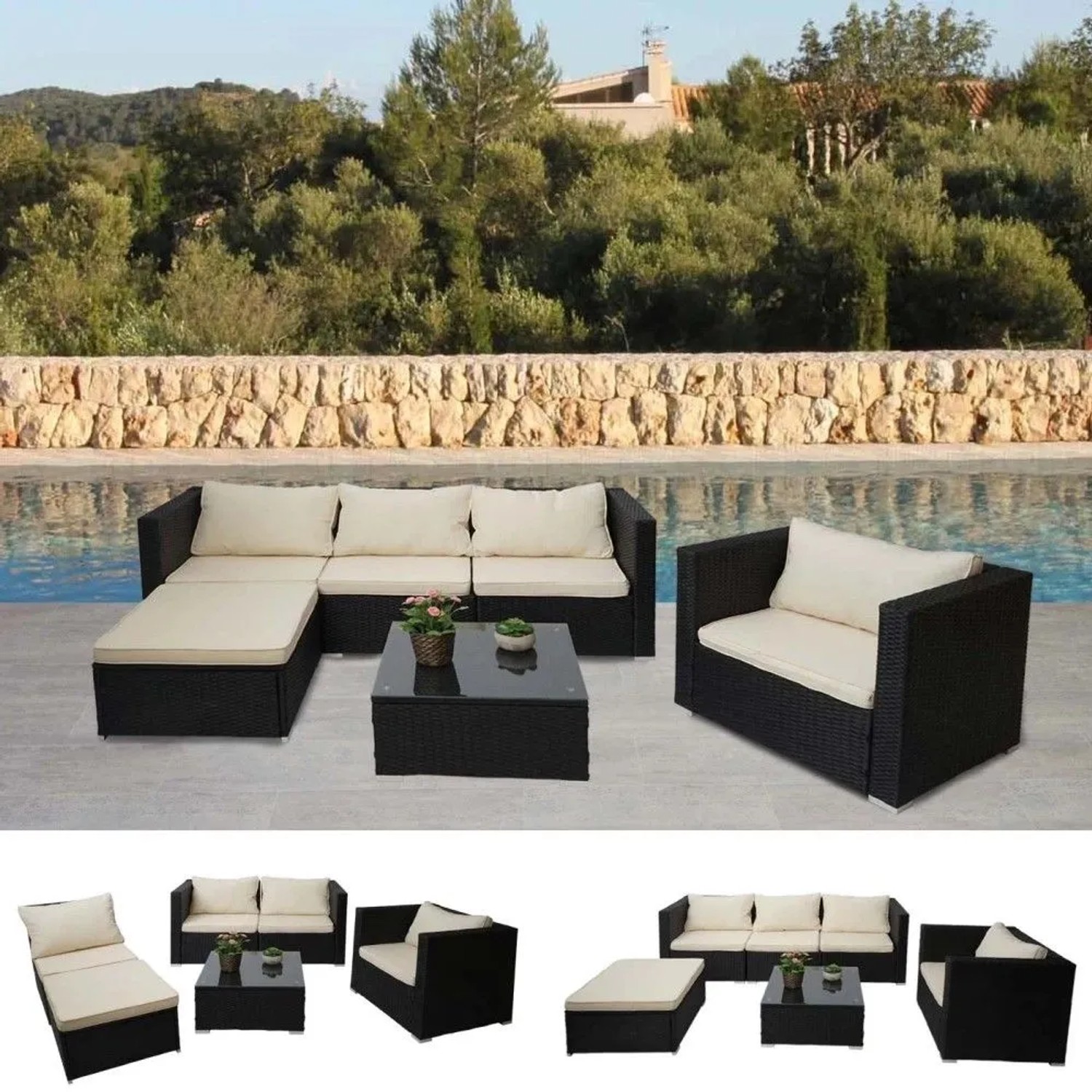Modulare MCW Poly-Rattan-Garnitur Busto schwarz mit cremefarbenen Kissen und Glastisch. Ideal für Garten & Terrasse.