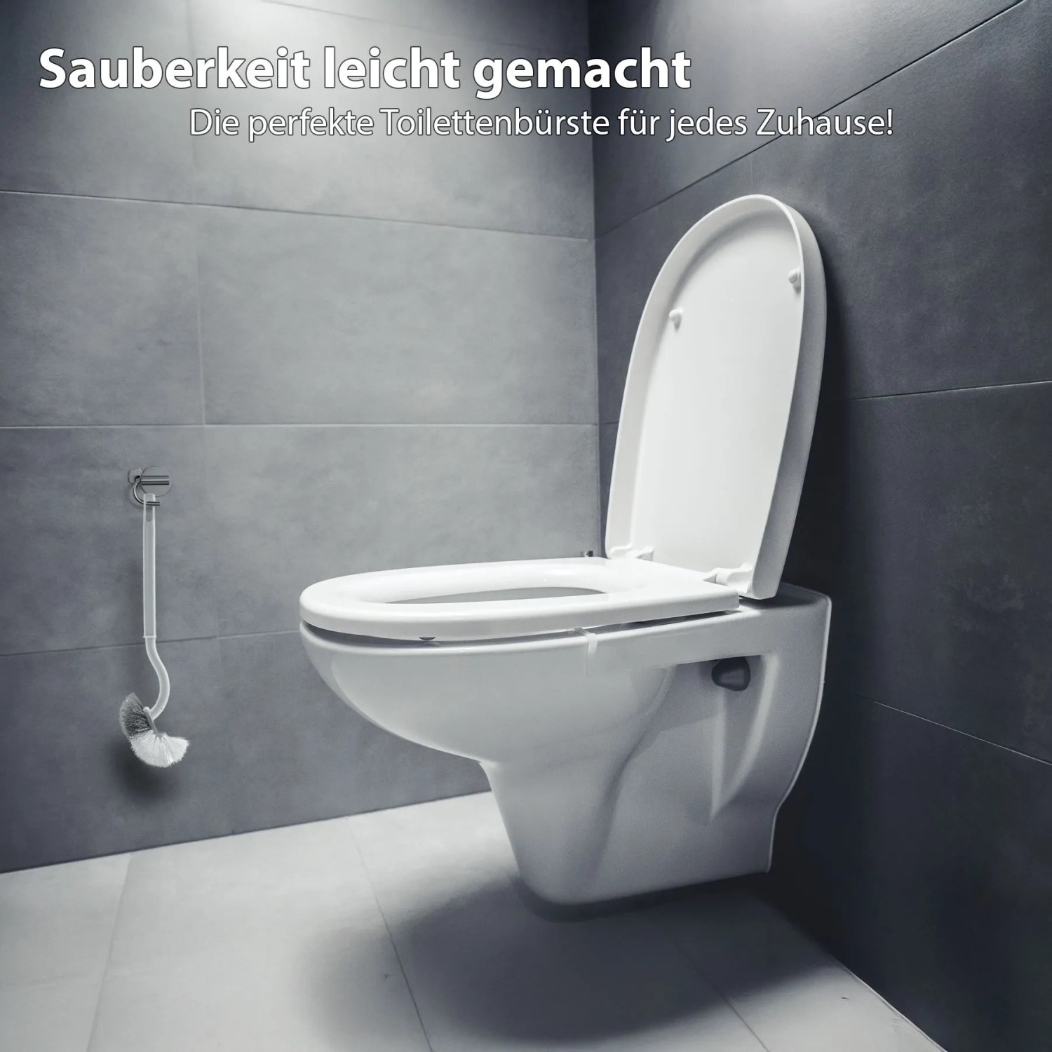 WC mit offener Brille und Klobürste mit Randreiniger und Halterung an grauer Wand.