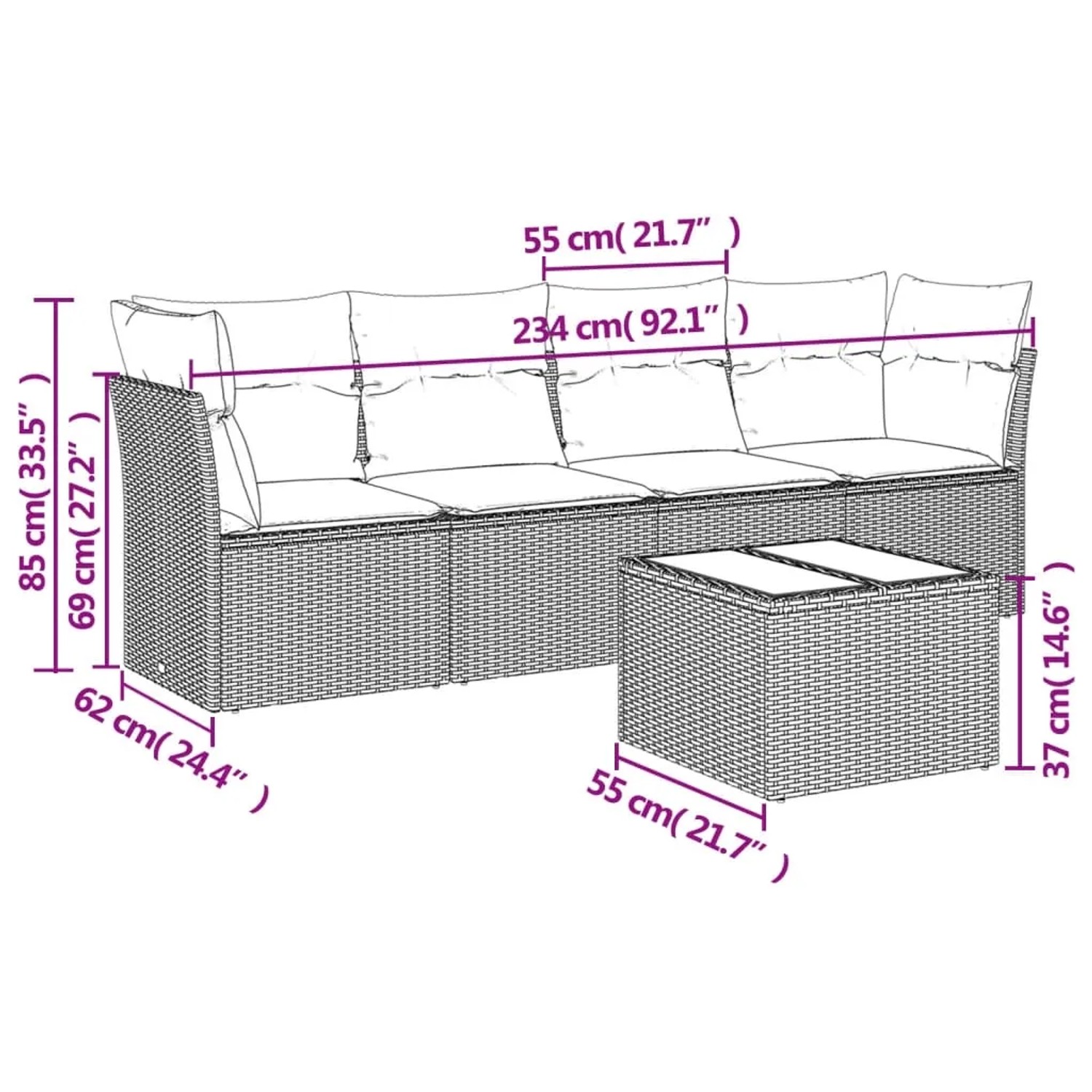 vidaXL Garten-Sofagarnitur, 5-teilig, schwarz, Poly Rattan mit Kissen und Tisch (mit Maßangaben)