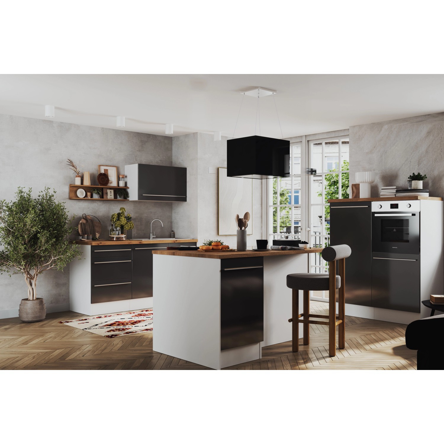 Respekta Inselküche Gabriel, 290 cm, Grau Hochglanz mit E-Geräten und Kücheninsel.