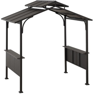 Schwarzer Sunjoy Grill-Pavillon Aspe aus Stahl, 244x152cm, mit Ablagen und zweistufigem Dach.