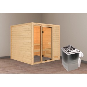 Karibu Sauna Jutta mit Ofen: Massivholzsauna mit Glastür und Ofen für entspannende Saunaerlebnisse.
