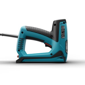 Novus Elektrotacker J-120 in Türkis und Schwarz, seitliche Ansicht.