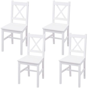 Vier weiße Esszimmerstühle aus Kiefernholz im Landhausstil mit X-Rückenlehne. Stabiles 4er-Set.