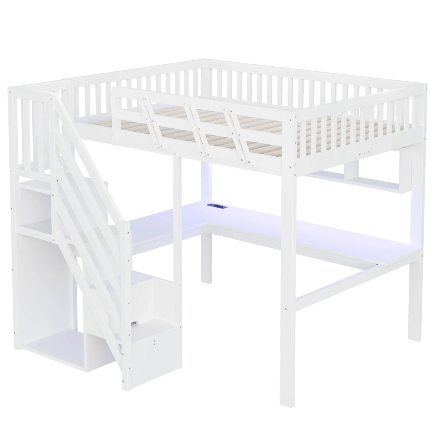 okwish Hochbett 140x200cm mit Treppe Schreibtisch LED USB Jugendbett Weiß ohne Matratze
