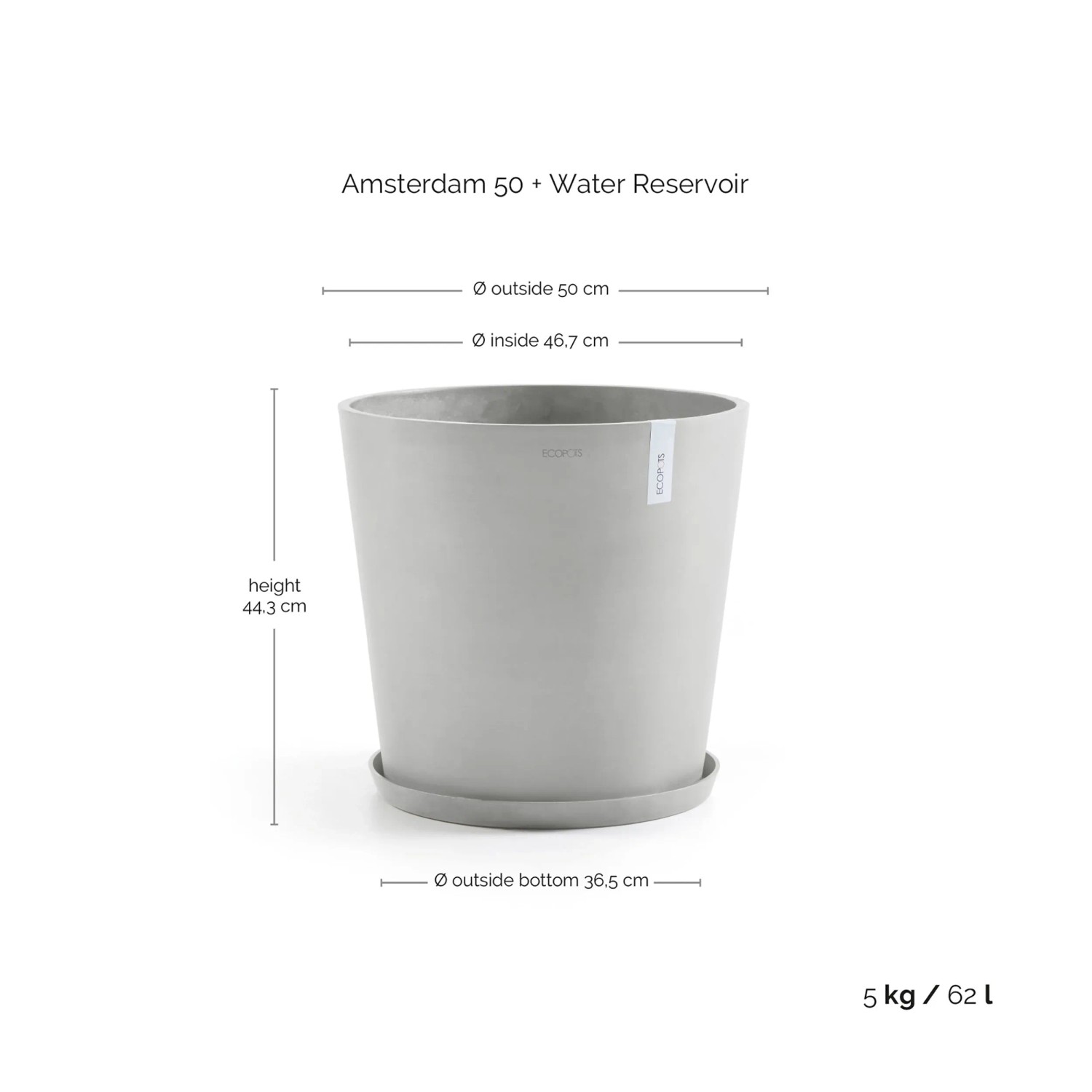 Ecopots Amsterdam Pflanztopf, weißgrau, 50x43,8cm, mit Wasserreservoir. Ideal für große Pflanzen.