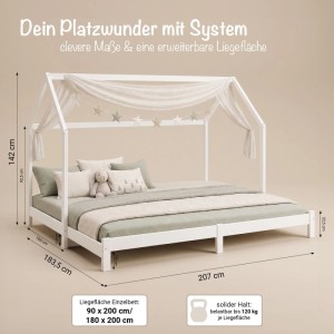 Weißes Homestyle4u Hausbett 90x200 mit ausziehbarer Liegefläche, als Doppelbett konfiguriert, inkl. 2 Matratzen.