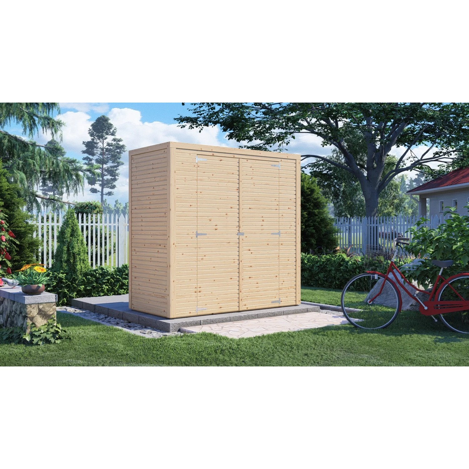 Bertilo Holz-Gartenhaus Box 1 aus Fichte, 208x103cm, im Garten. Weekendhaus mit Doppeltür.