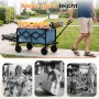 Blauer Sunula Bollerwagen mit erweiterbarer Heckklappe, beladen mit Campingzubehör, wird gezogen. 115L Stauraum, 100kg Tragkraft.