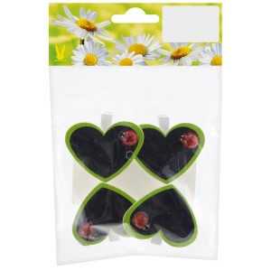 Holzclips mit Herz, 5 cm, schwarz-grün, mit Marienkäfer-Motiv, ideal als Deko für Ostern und den Herbst.