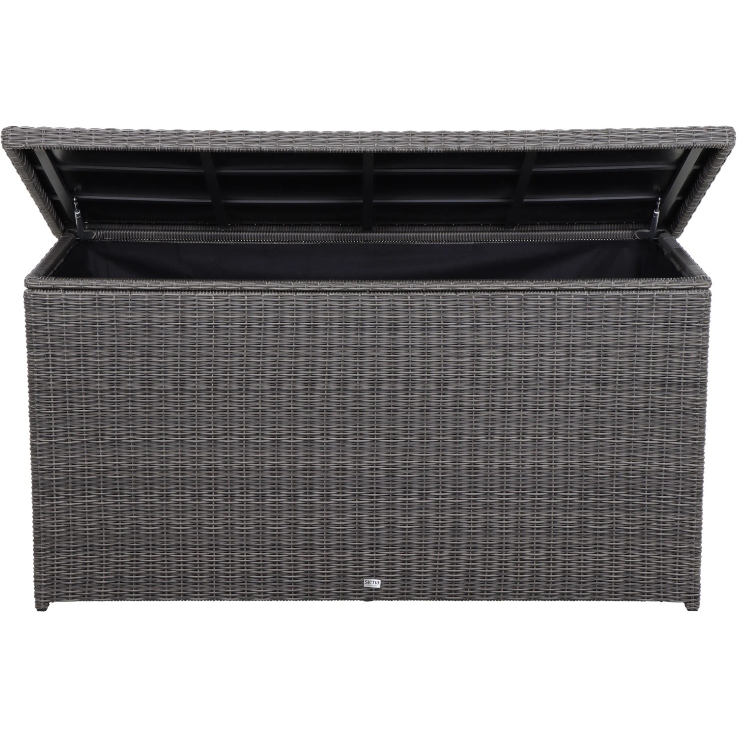 Offene, graue Siena Garden Kissenbox Corido aus Polyrattan mit Alurahmen und Innenfutter.