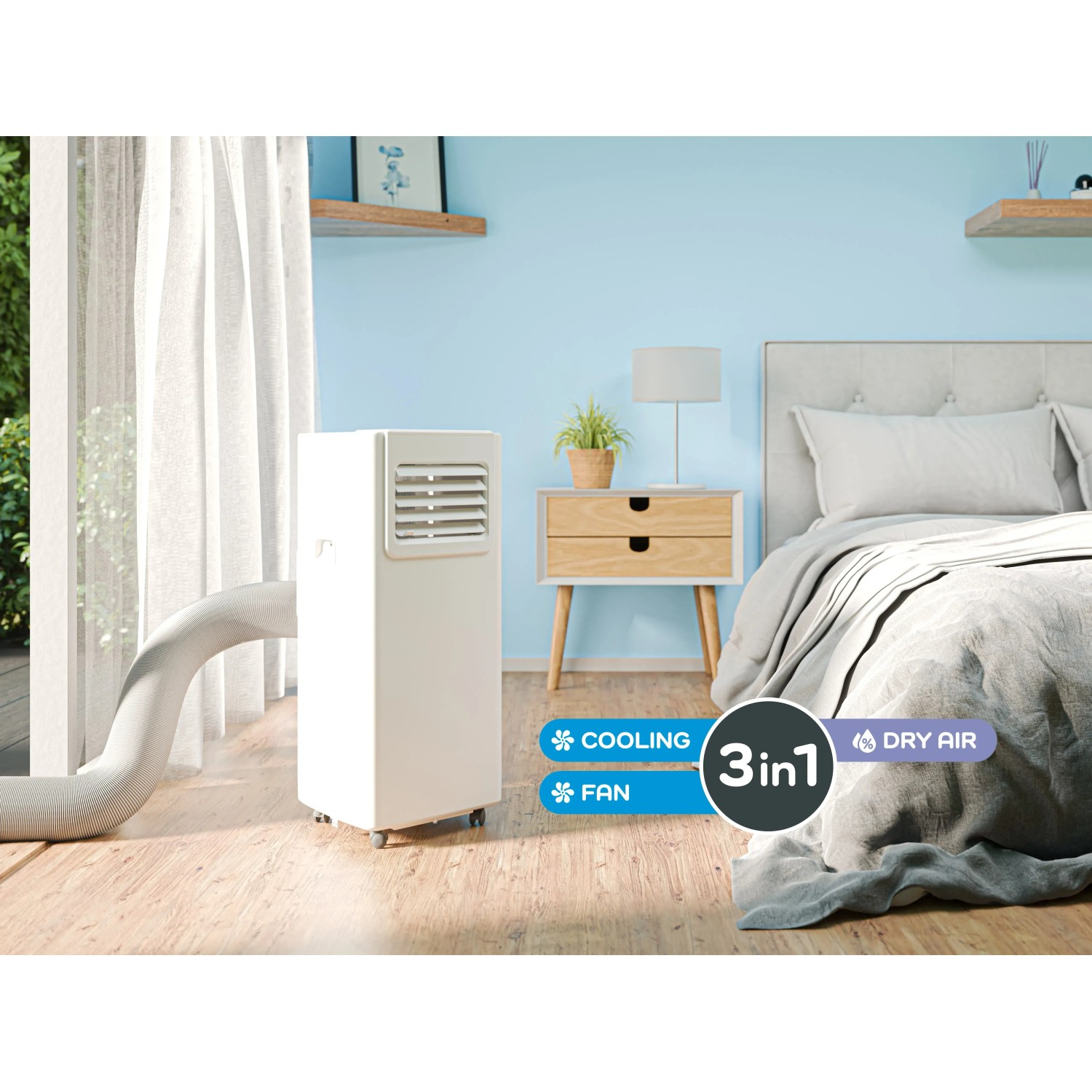 Mobiles Klimagerät KGM 7000-35 im Schlafzimmer. 3-in-1 Funktion: Kühlen, Entfeuchten, Ventilieren.