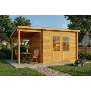 Holz-Gartenhaus Maria mit Pultdach und Schleppdach, imprägniert Pinie. Doppeltür mit Glas, Sitzbereich im Garten.